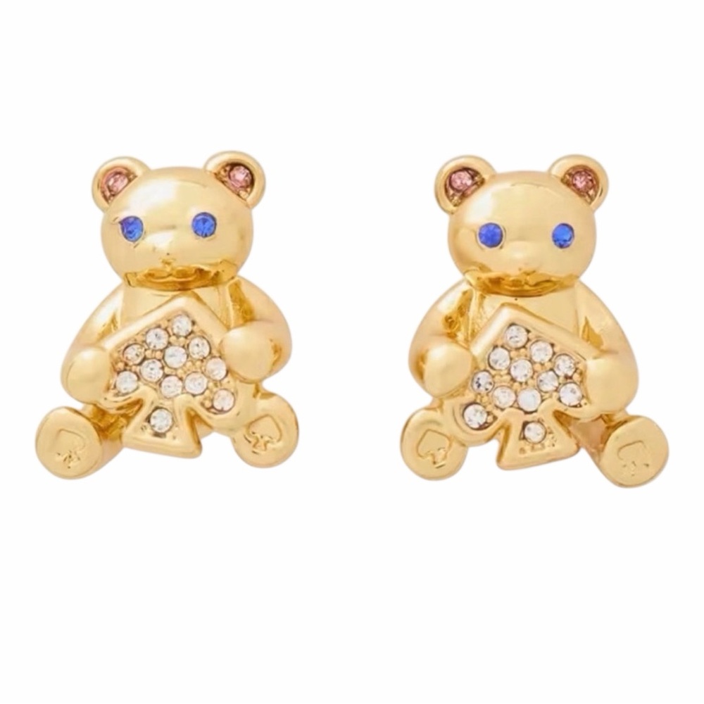 Kate Spade Oh What Fun 2024 Teddy Bear Stud Earrings Gold Crystal Spade Novelty